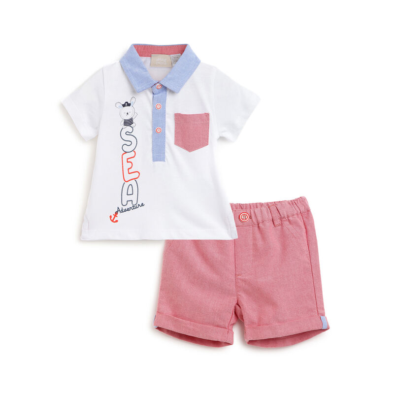 Boys Medium Red Printed Outfit with Short Pants image number 0